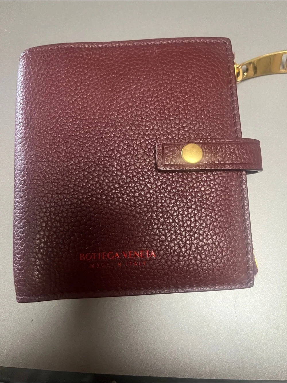 Bottega Veneta Burgundy Textured Leather Wallet with Gold Snap